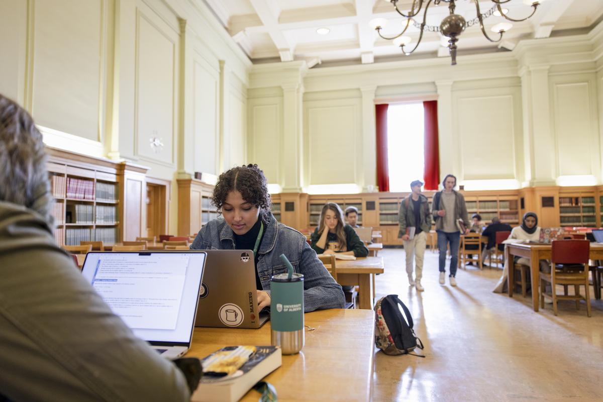 Students working in the library