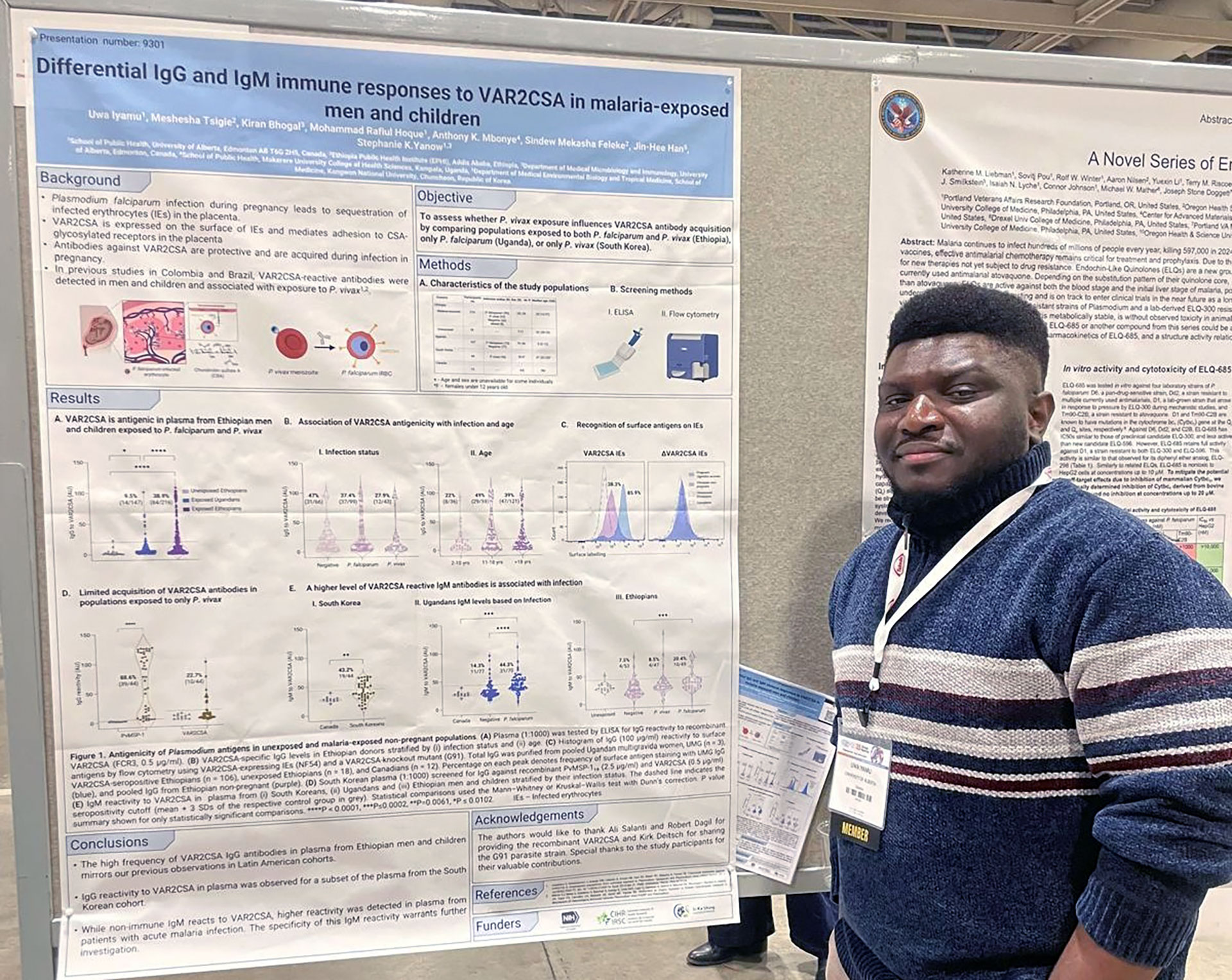 Uwa Iyamu in front of a research poster titles differential IgG anf IgM immune responses to VAR2CSA in malaria-exposed men and children