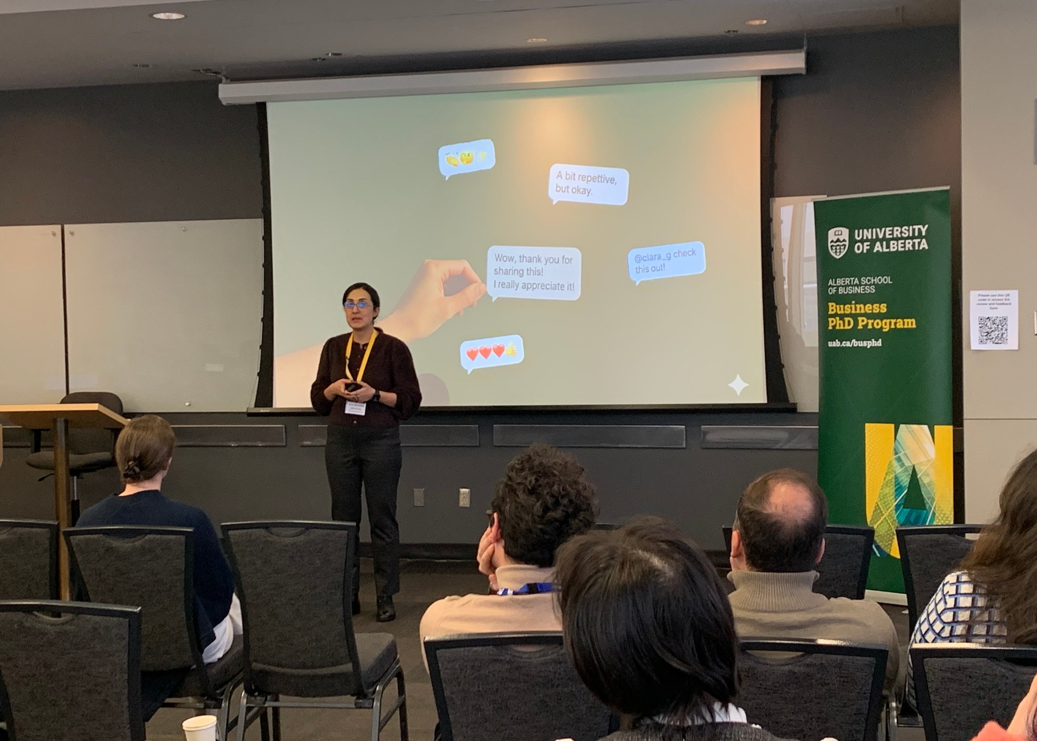 PhD marketing student Roghi Teimourfamian Asl during her winning 3MT presentation about the impact of how frequently brands reply to customer comments on social media. 