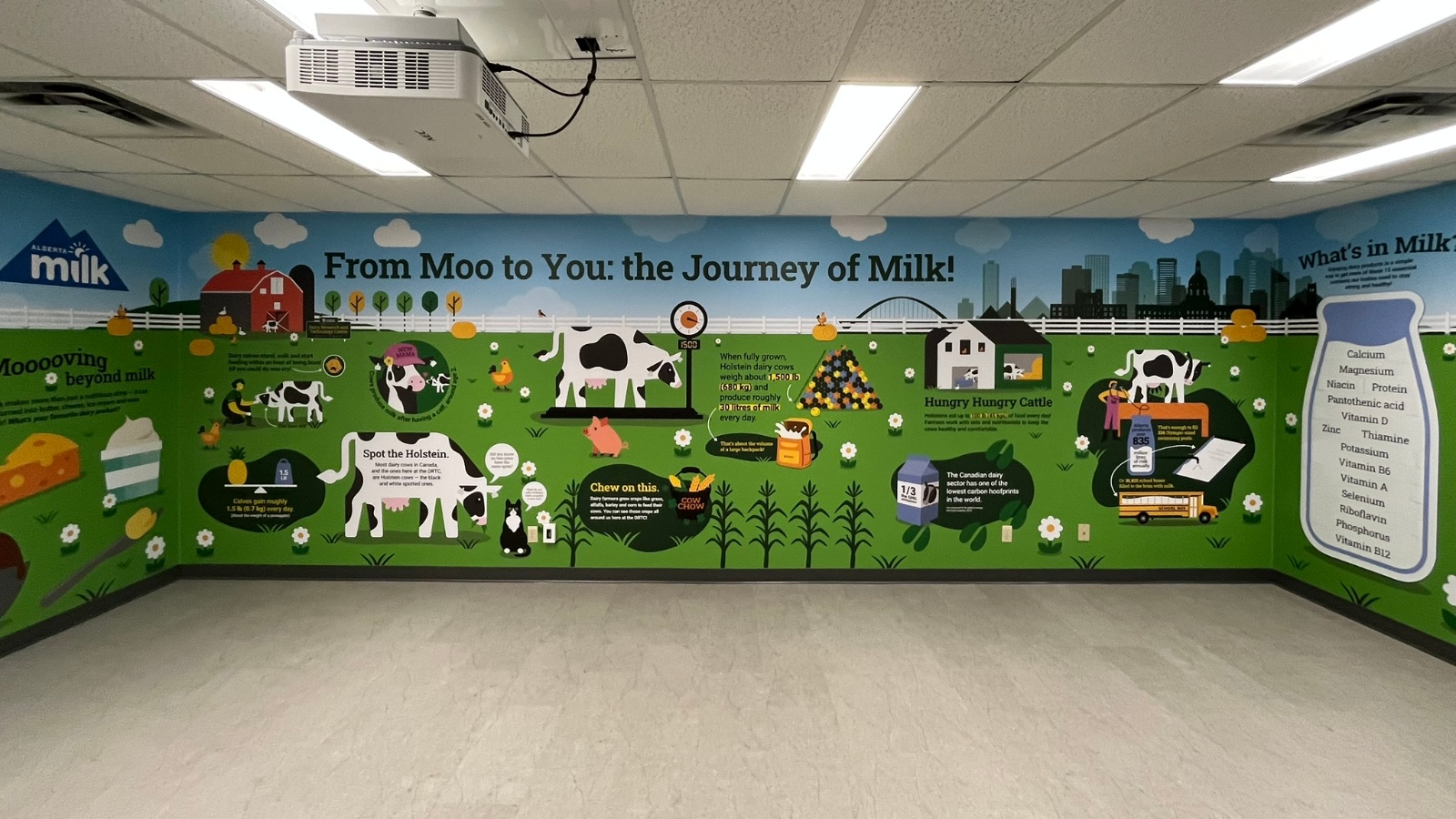 Just one section of the wrap-around wall decal in the new classroom space, displaying facts about the dairy industry and kid-friendly tidbits and activities.