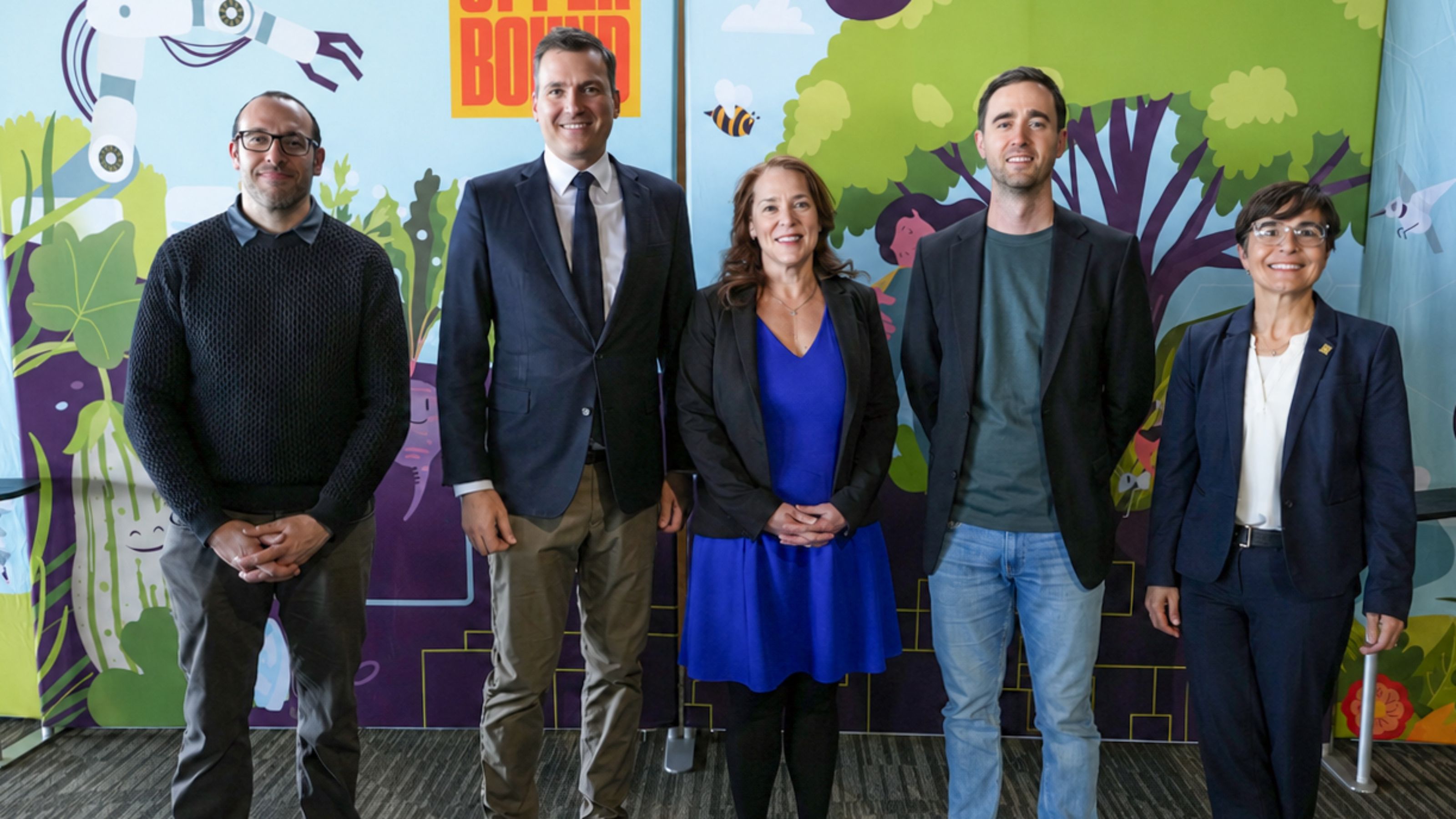 From left to right: Adam White, Canada CIFAR AI Chair, director of Scientific Operations at Amii and assistant professor in the U of A's Department of Computing Science.Evan Solomon, minister of AI and Digital Innovation. Elissa Strome, executive director, Pan-Canadian AI Strategy, CIFAR. Cam Linke, CEO, Amii.Matina Kalcounis-Rueppell, college dean and vice-provost, College of Natural and Applied Sciences.