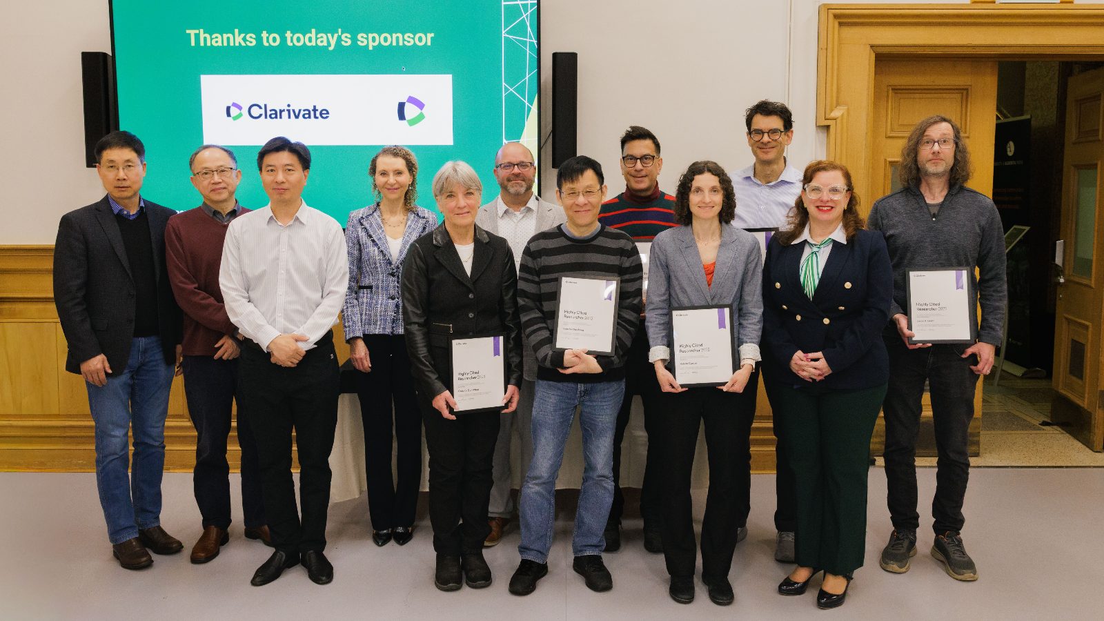 From left to right: Scott X. Chang, Tongwen Chen, Hongbo Zeng, Aminah Robinson Fayek, Greta Cummings, Michael Bragg (Clarivate), Gane Ka-Shu Wong, Michael Lounsbury, Valerie Carson, Lonnie Zwaigenbaum, Marisa Ruccolo (Clarivate), Jason R. Grant.