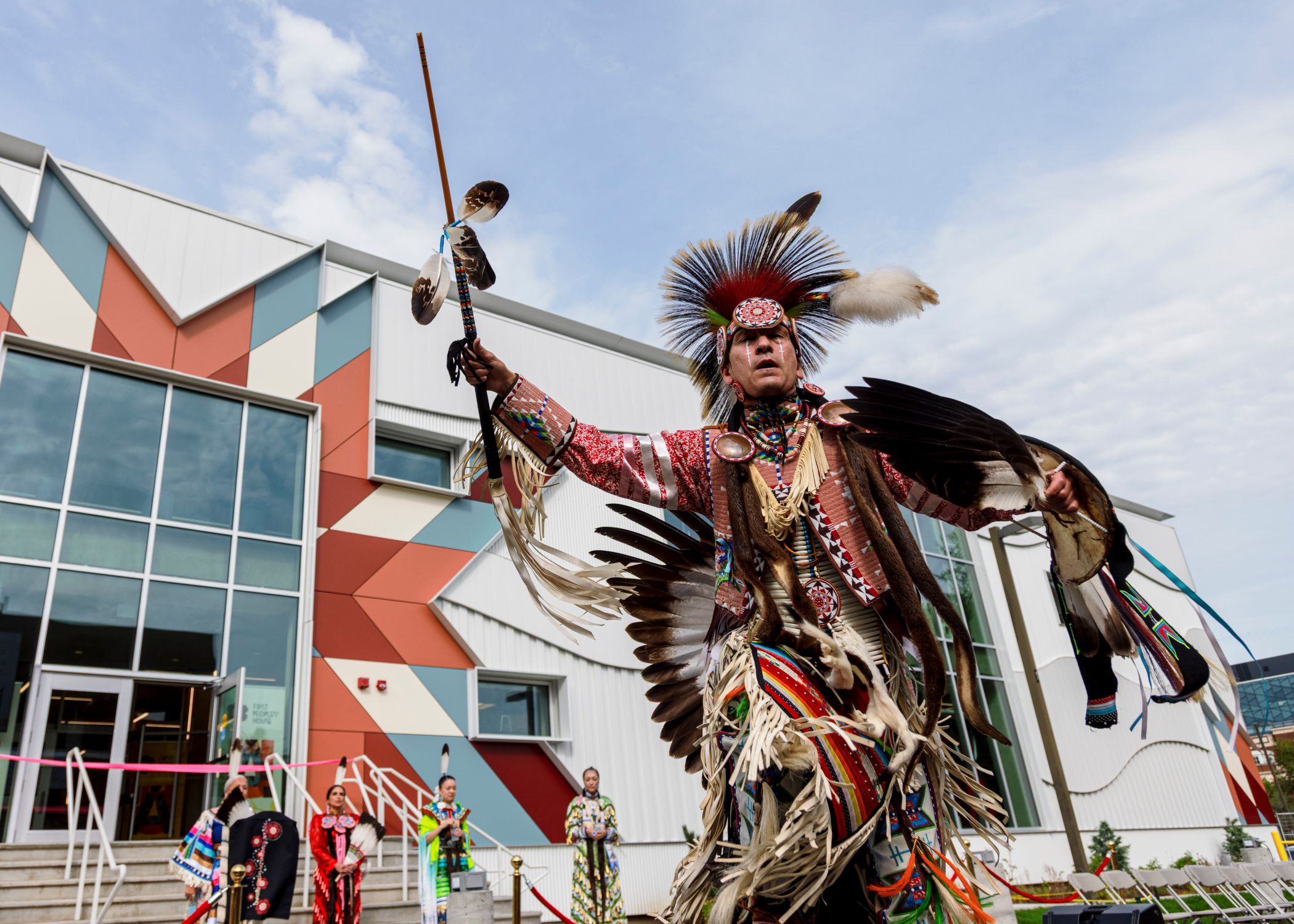Bobby Hunter, a traditional men's dancer from Saddle Lake Cree Nation, performs at the ceremonial opening of the new First Peoples’ House.