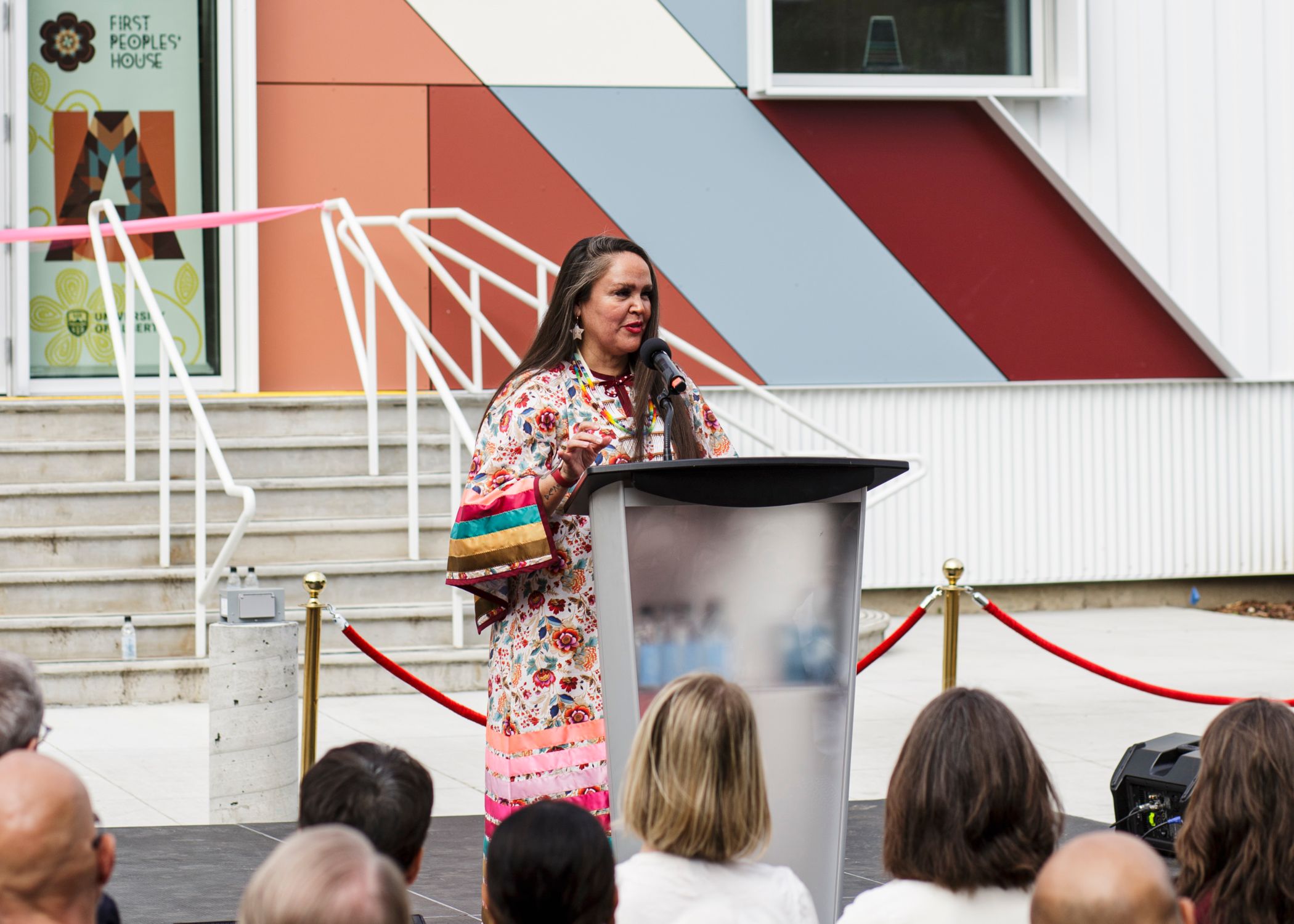 Shana Dion, Assistant Dean, First Nation, Métis and Inuit Students, speaking at the ceremonial opening of the new First Peoples’ House.