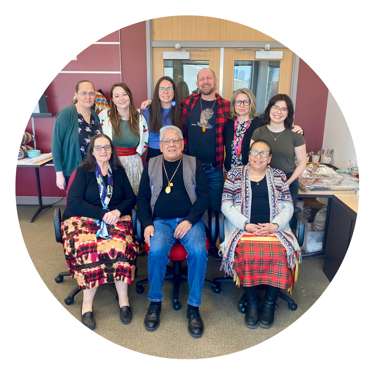 Elder Bert Auger, Kokum Hazel McKennitt, Kokum Alvina Lake; K.D. King - Faculty of Native Studies; Kathryn Durksen, Kristin Zelyck and Gillian Lemermeyer - Faculty of Nursing.