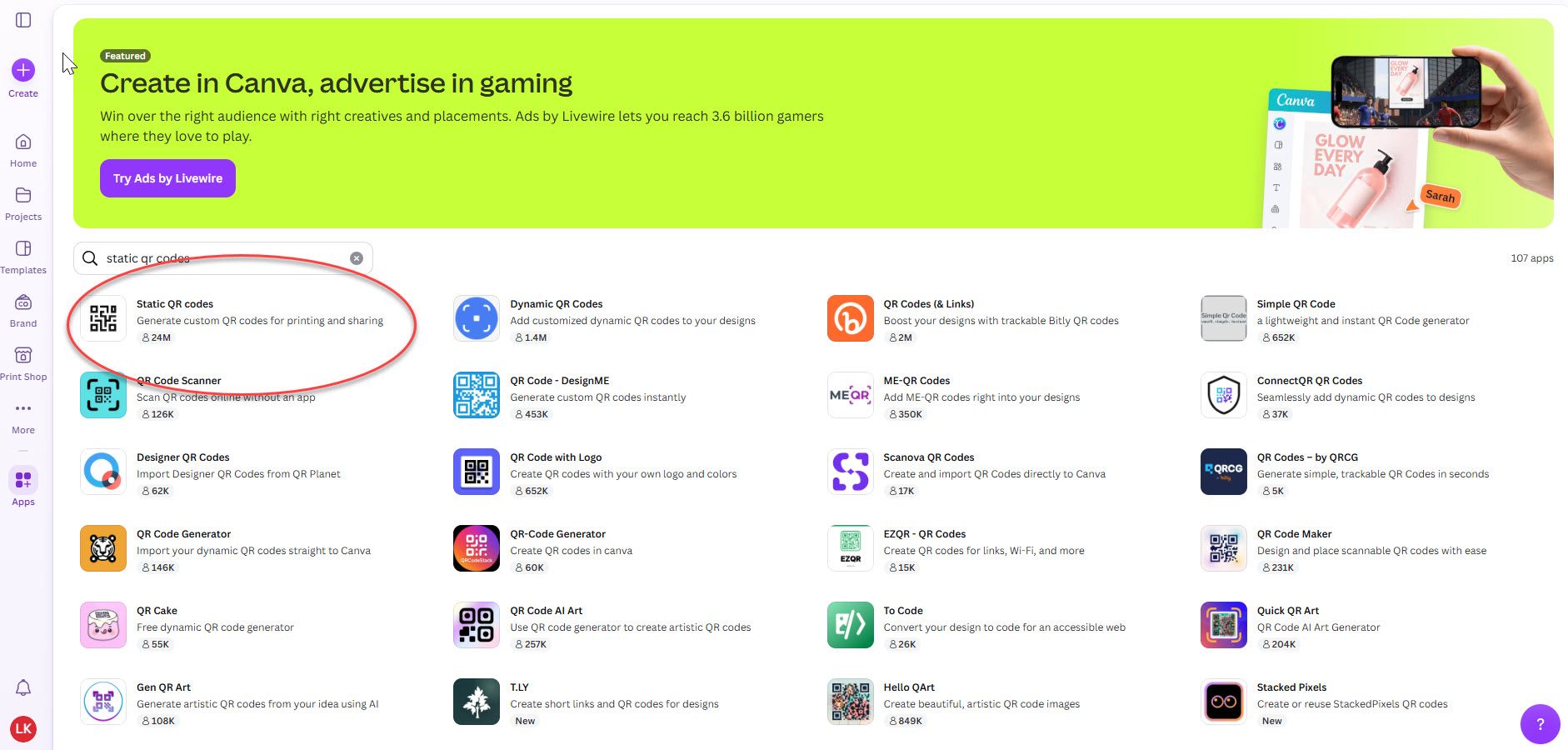 Screenshot of searching for Static QR code app in Canva