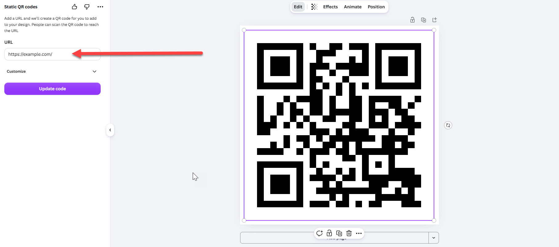 Screenshot of generating QR code in Canva