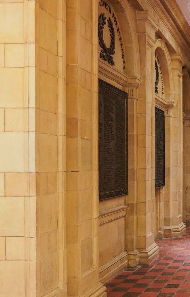 First World War memorial plaque and commemorative inscription inside Convocation Hall at the University of Alberta.