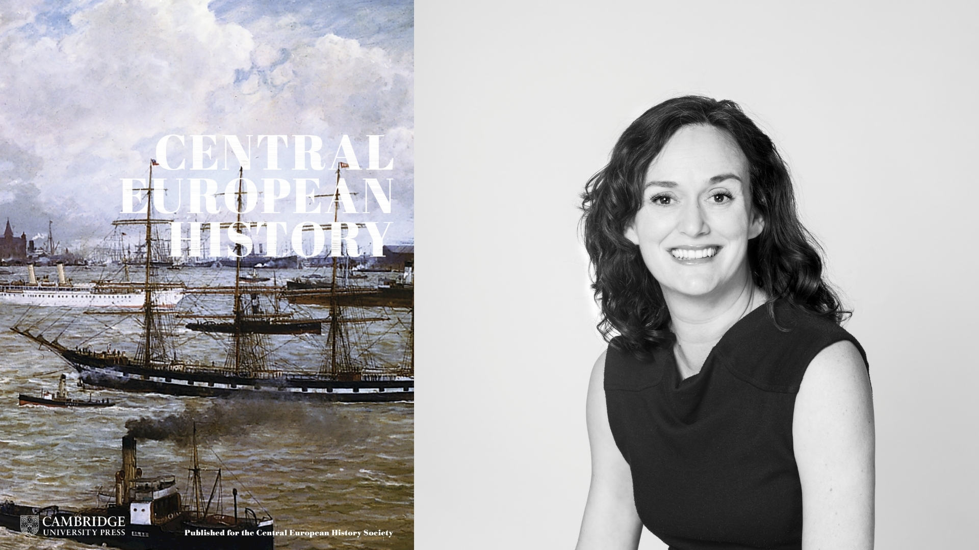 Photo of Wirth Director, Dominique Reill next to a recent cover of the Central European History journal.