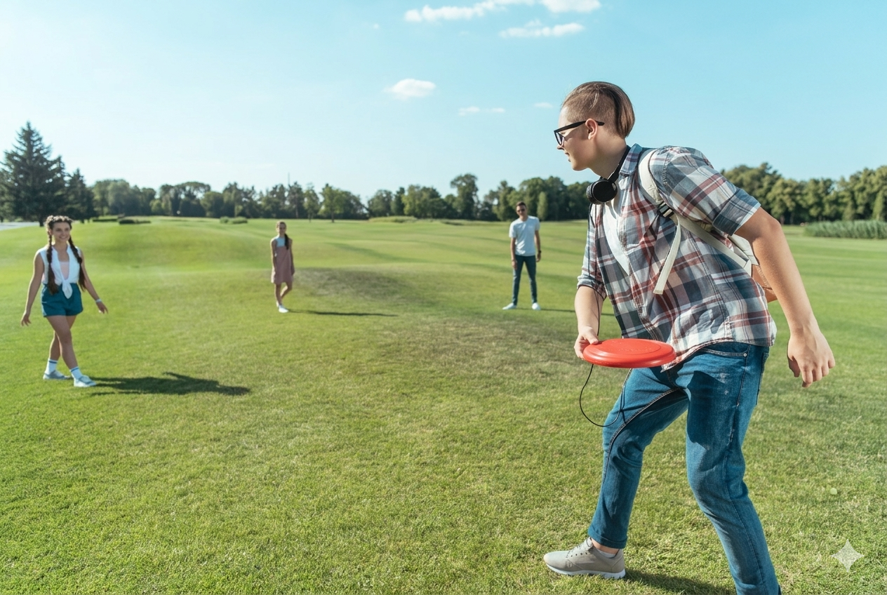 students playing frisbee