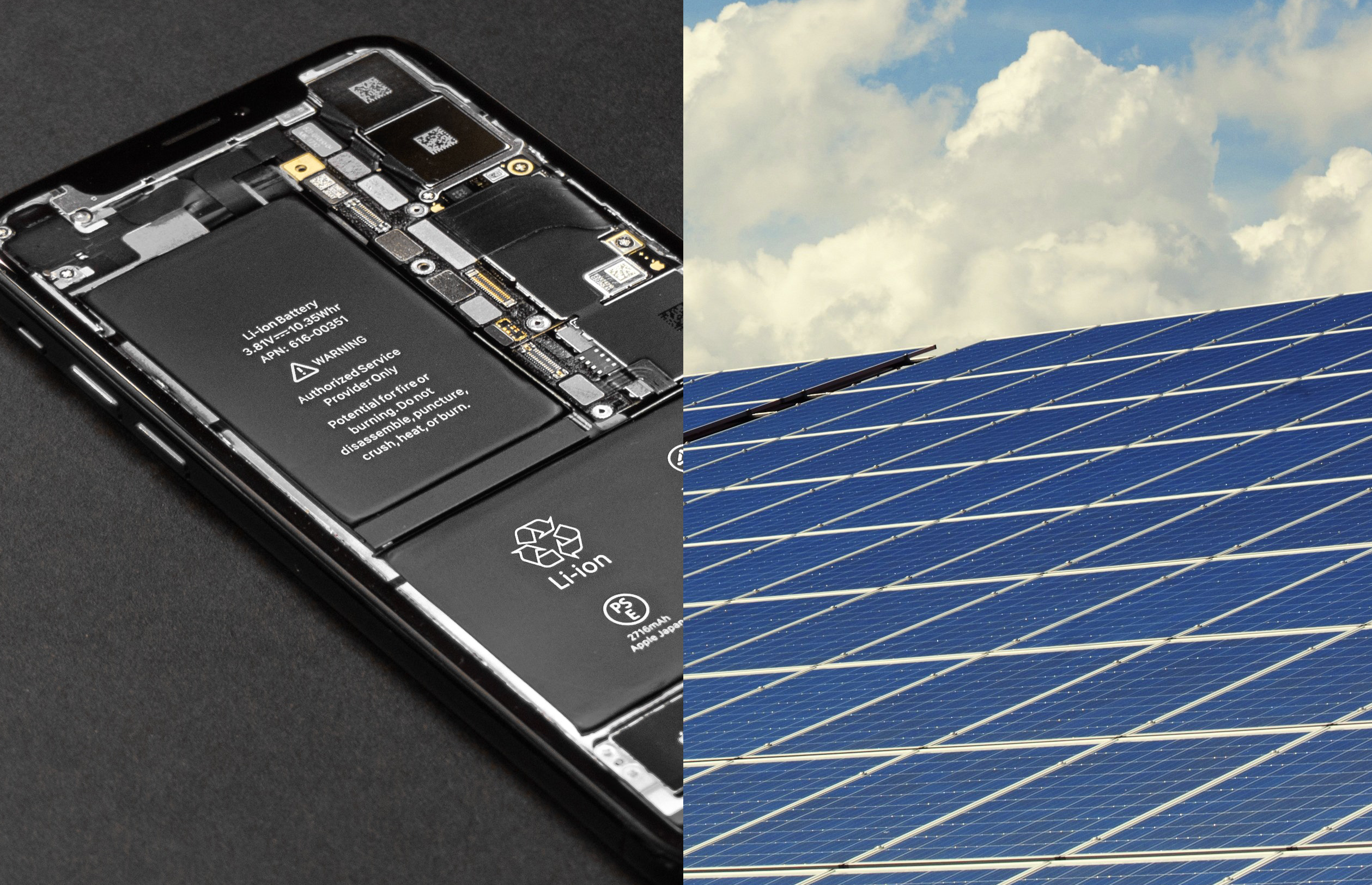 Split image of a lithium ion battery in the back of a cell phone and a large solar panel infront of a sky with drifting clouds