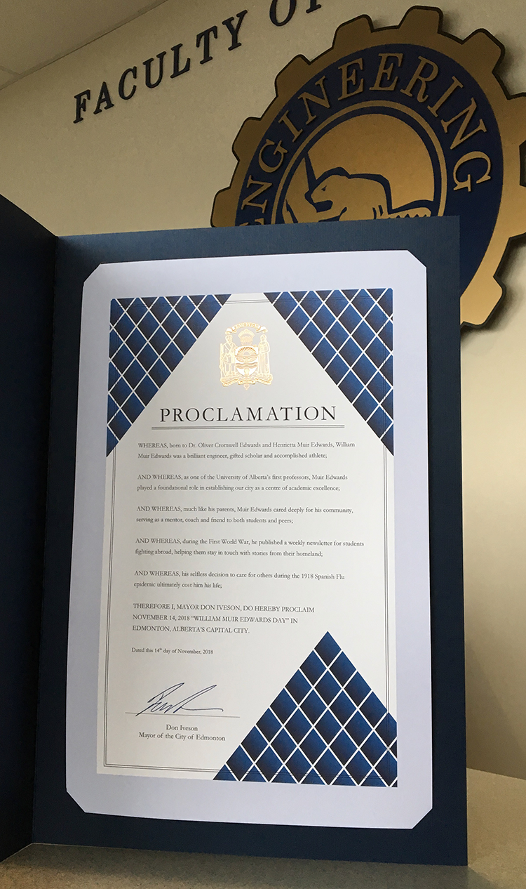 City of Edmonton Proclamation honouring William Muir Edwards, the University of Alberta