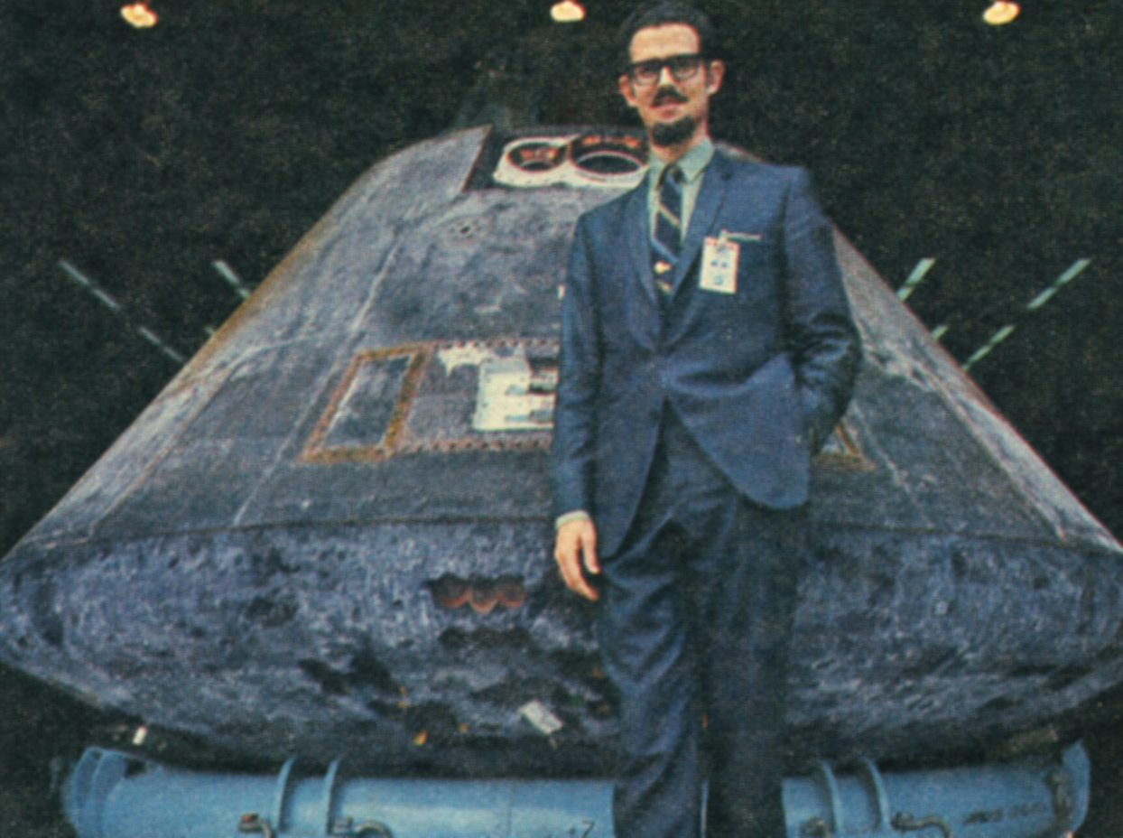 UAlberta engineering alumnus Bryan Erb (Civil '52) seen here with the Apollo 17 re-entry capsule, designed the heat shields used on the Apollo space missions, ensuring a safe return for astronauts.
