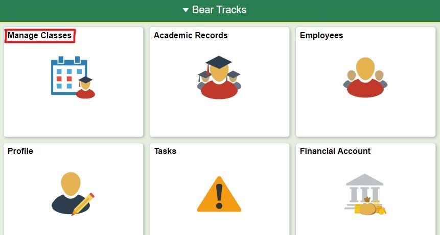 Screenshot of Bear Tracks student interface showing location of the Manage Classes tile.