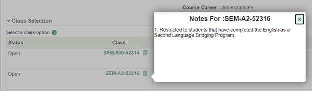 Course registration error message