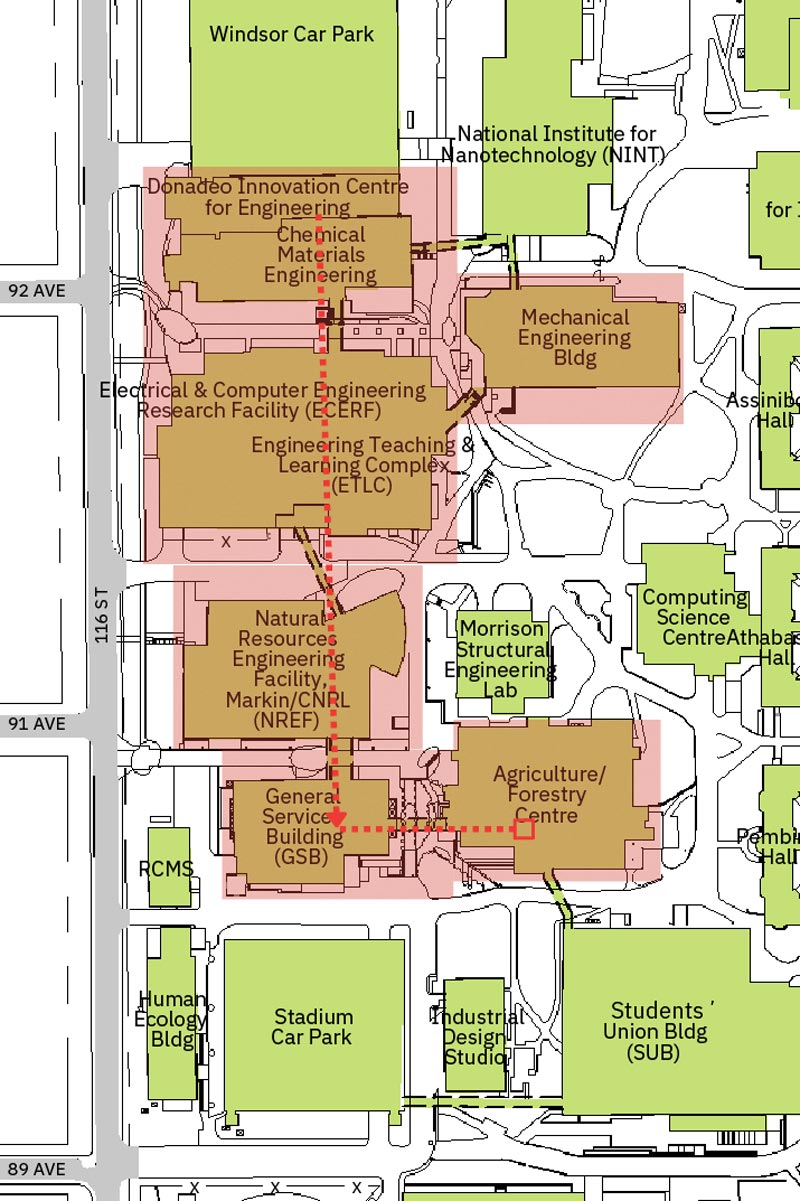 Map of the interior access root from Donadeo Innovation Centre for Engineering to Agriculture/Forestry Centre