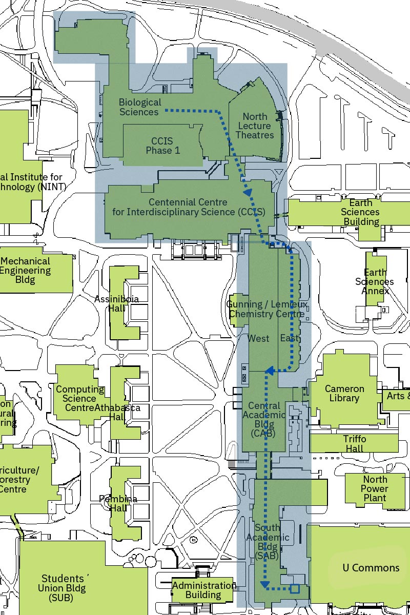 Interior access route from Biological Sciences to South Academic Building