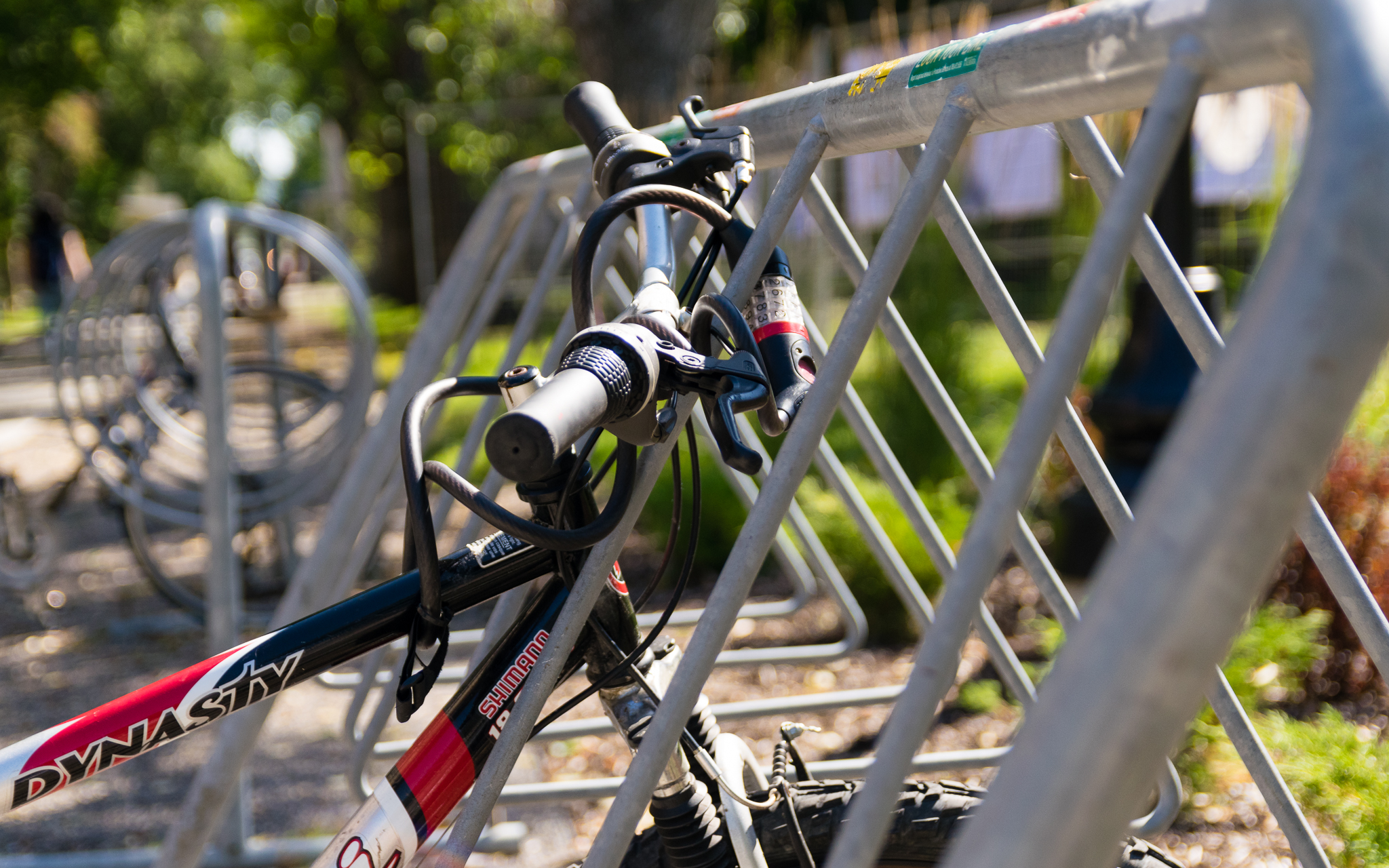 Bike rack pictured near student residences.