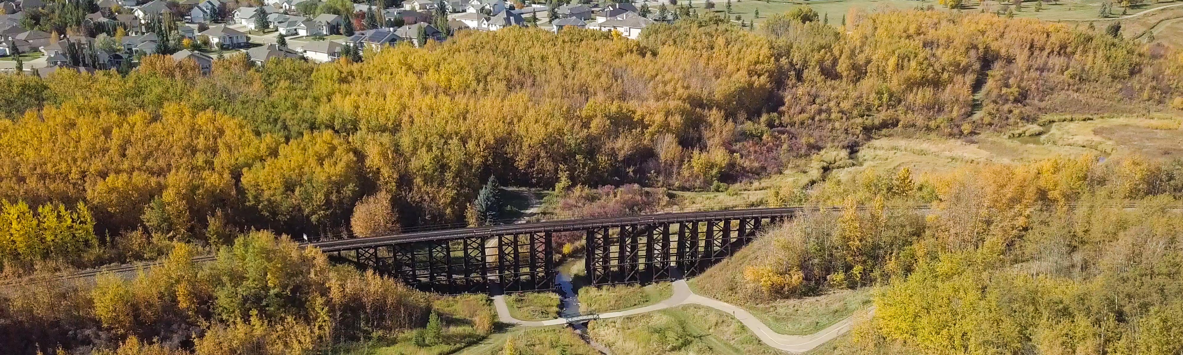View over Camrose of trails and a bridge