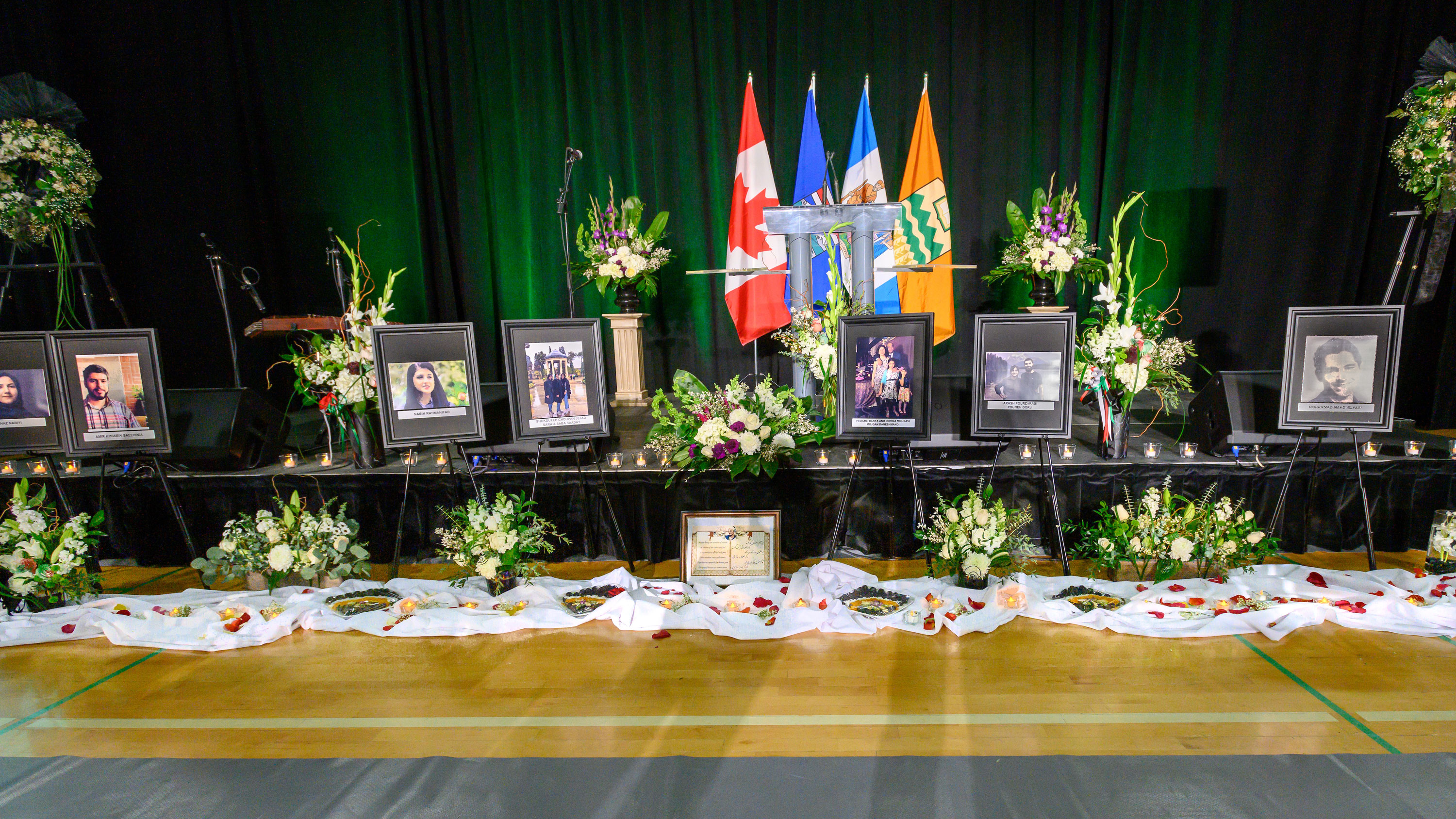 A memorial with photos of the U of A community members who died in the Flight PS752 tragedy