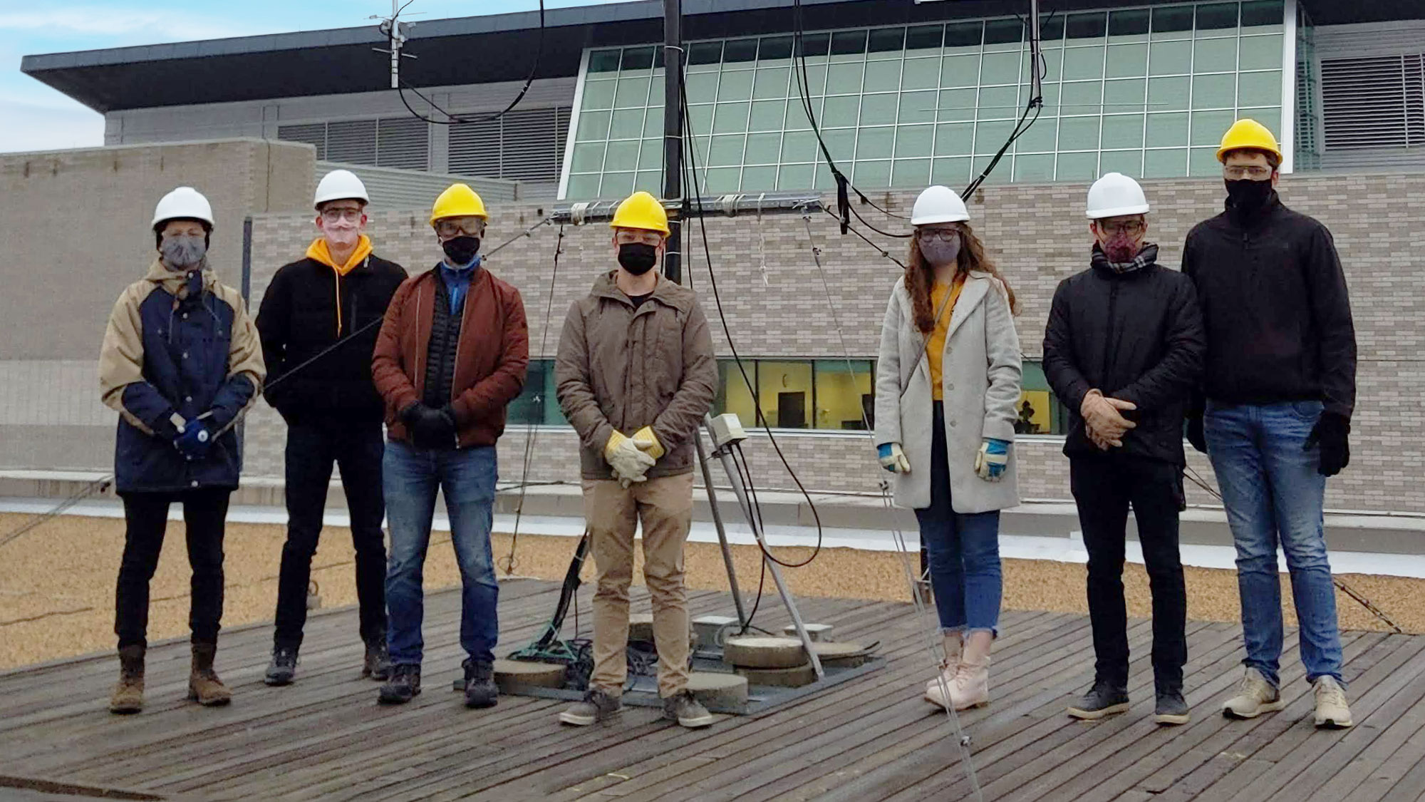 AlbertaSat team members on the roof of the Electrical and Computer Engineering Research Facility at the U of A