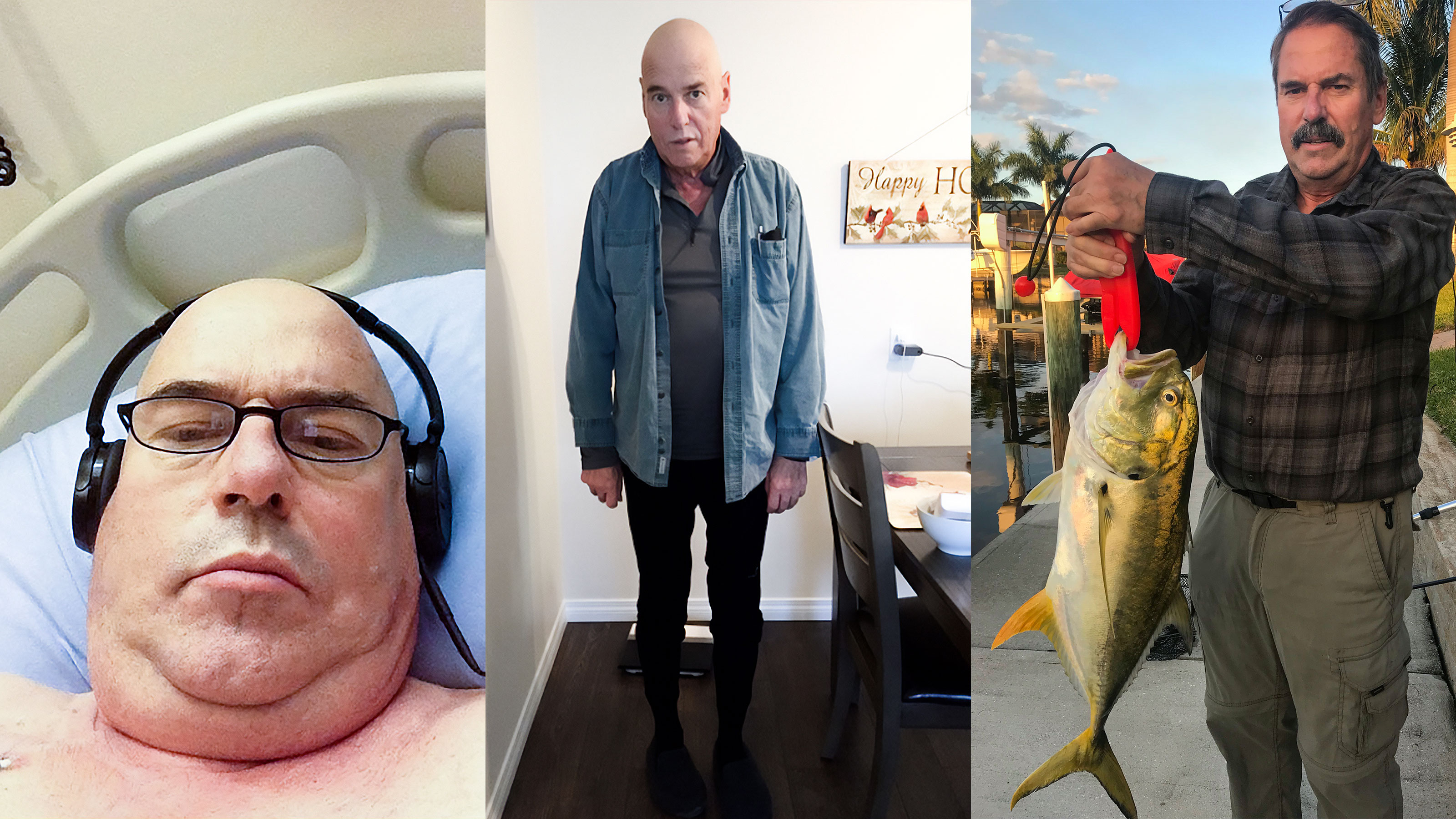 Stem cell transplant patient Paul Guenard just before receiving a stem cell transplant six years ago (left), after his transplant (centre), and in Florida recently
