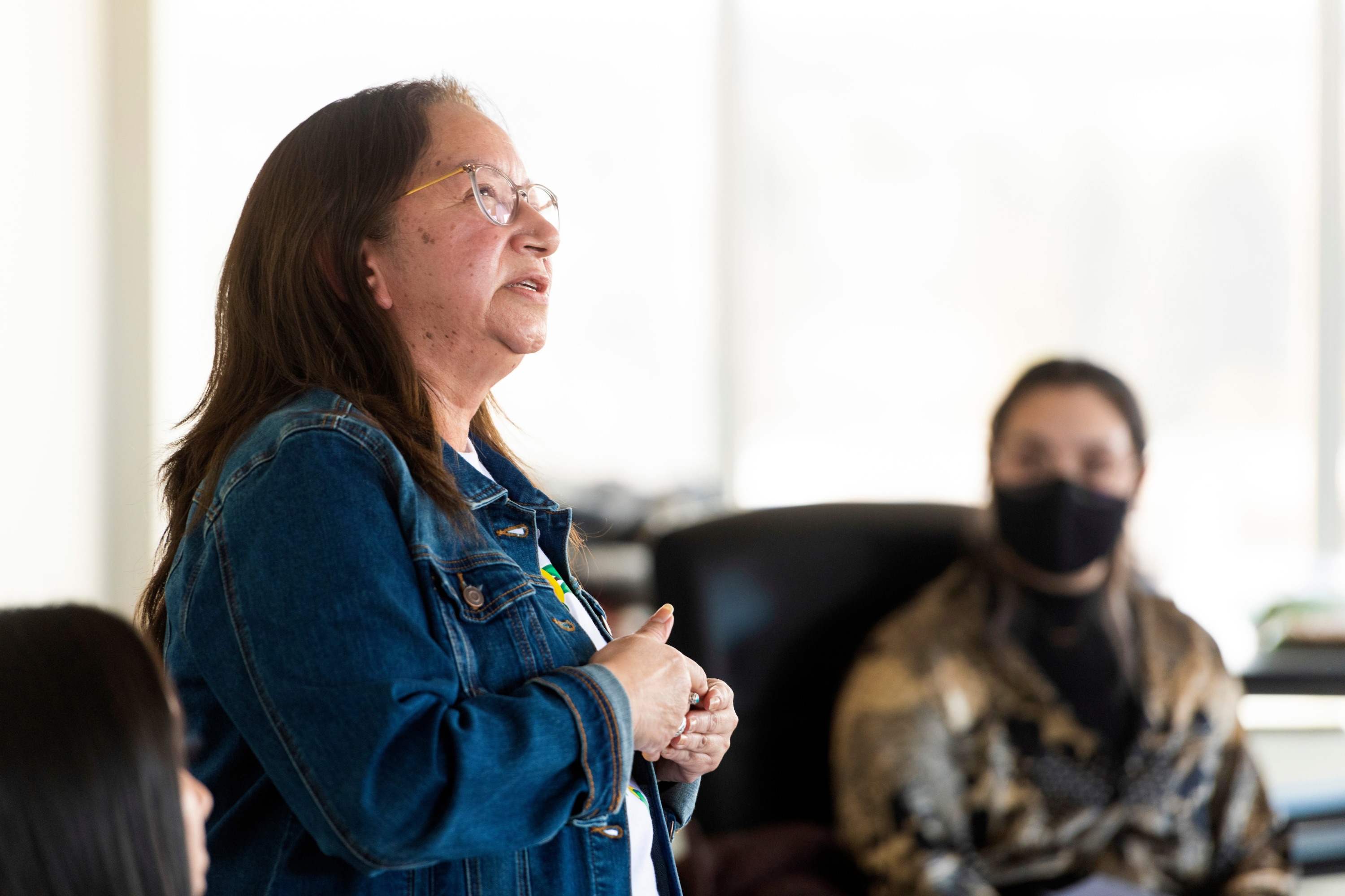 Violet Okemaw speaks at a meeting of the Indigenous Language Club on Feb. 17, 2022.