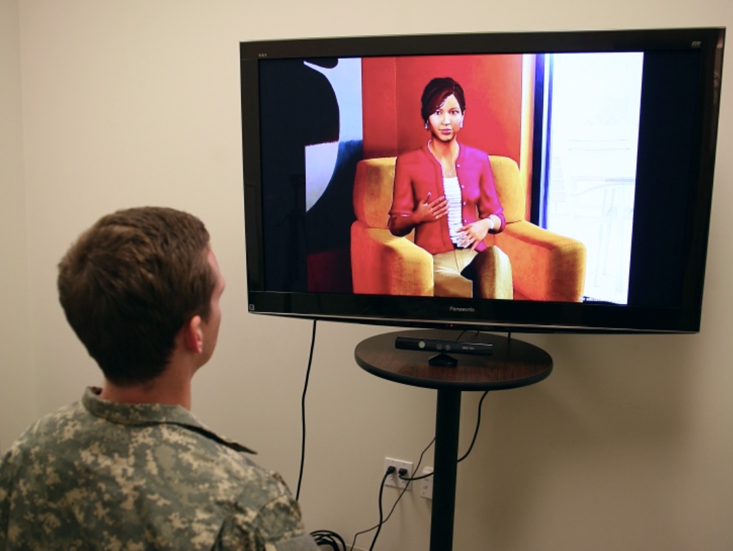 A study participant is interviewed by Ellie, an artificial character, as part of research to find out whether an AI-based system could accurately identify people with PTSD from text alone.