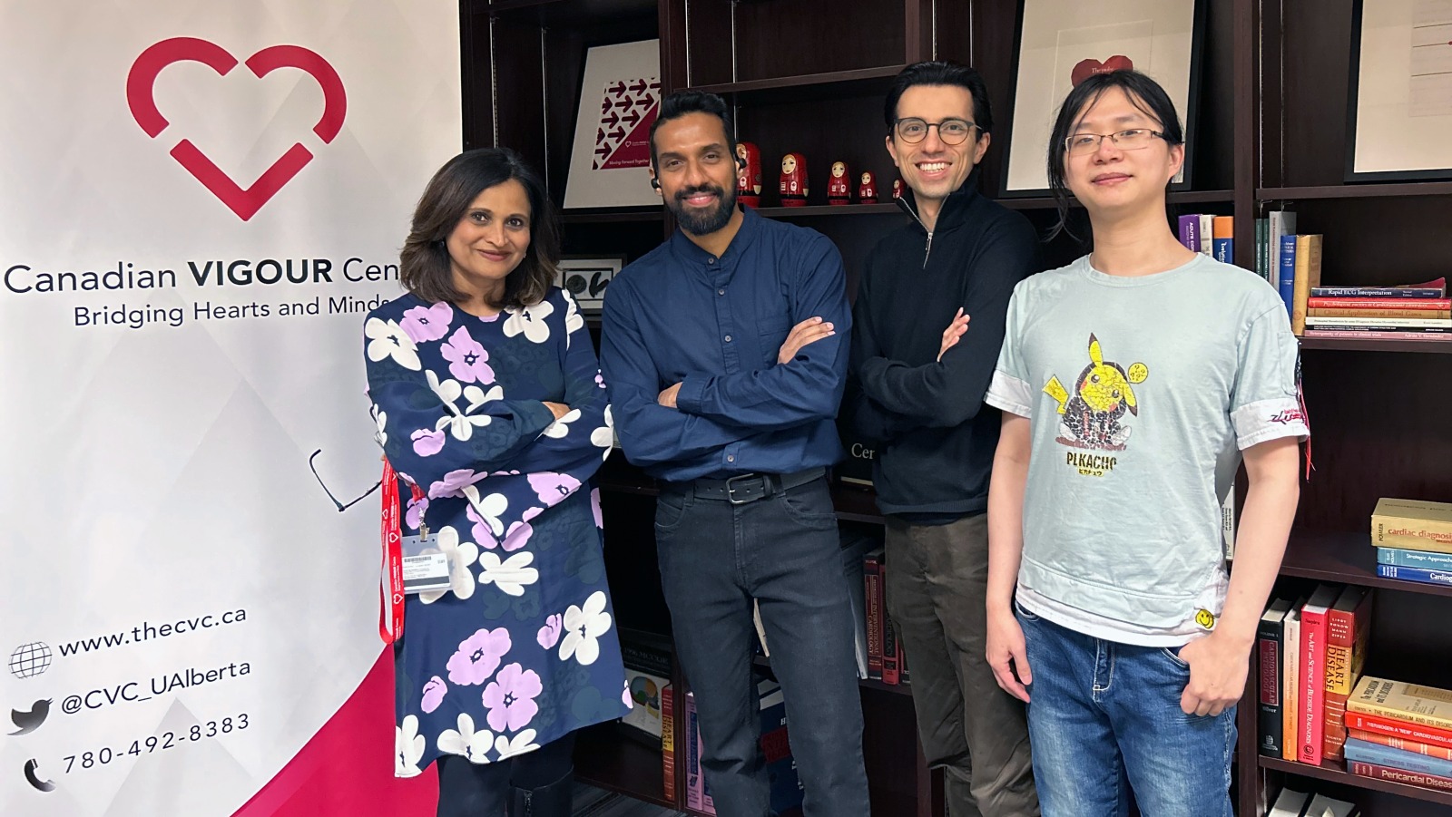 (From left) Padma Kaul with research team members Sunil Kalmady Vasu, Nariman Sepehrvand and Weijie Sun. The team developed a machine learning program that can accurately predict a patient’s risk of death within a month, a year and five years based on results from routine hospital tests. (Photo: Supplied)