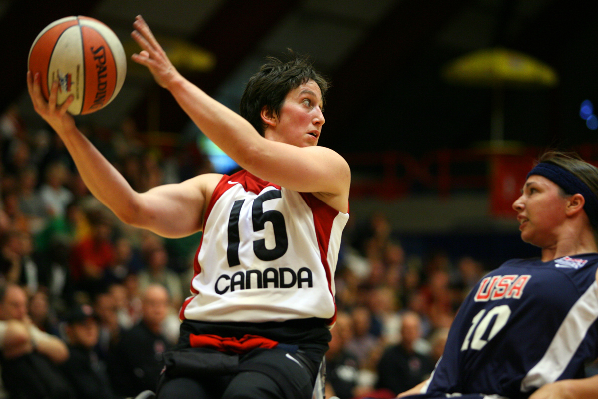 Danielle Peers competes for Team Canada in a wheelchair basketball game against Team USA. (Photo: Supplied)