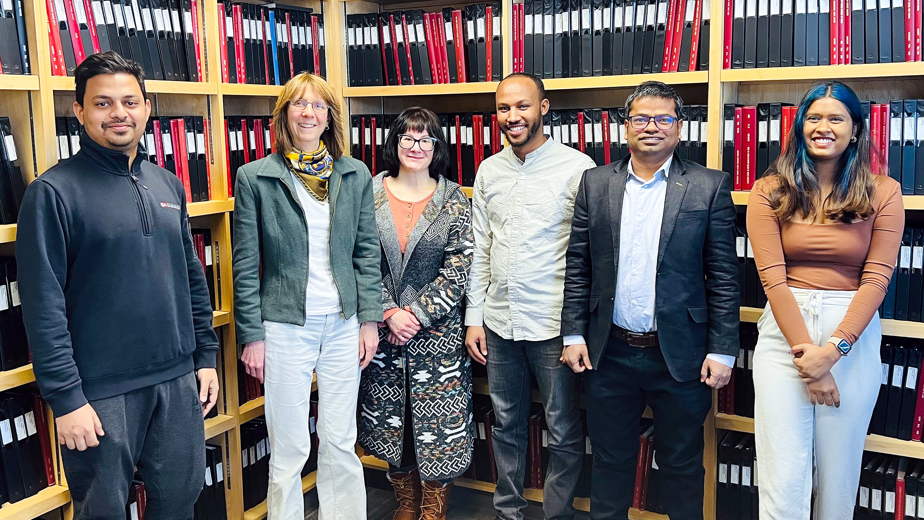 A U of A research team is exploring the most efficient way to process and manufacture specialized fibres from cellulose in Canadian-grown hemp. Left to right: Abu Sayed, research lead Patricia Dolez, Lelia Lawson, Dagen Haddis, Abdun Noor and Nadeesha Samaraweera. (Photo: Supplied)