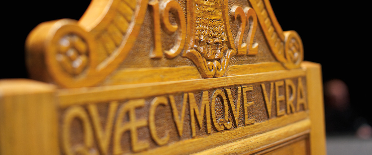 Wood detail of Quaecumque Vera