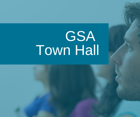 GSA Town Hall banner depicting male student