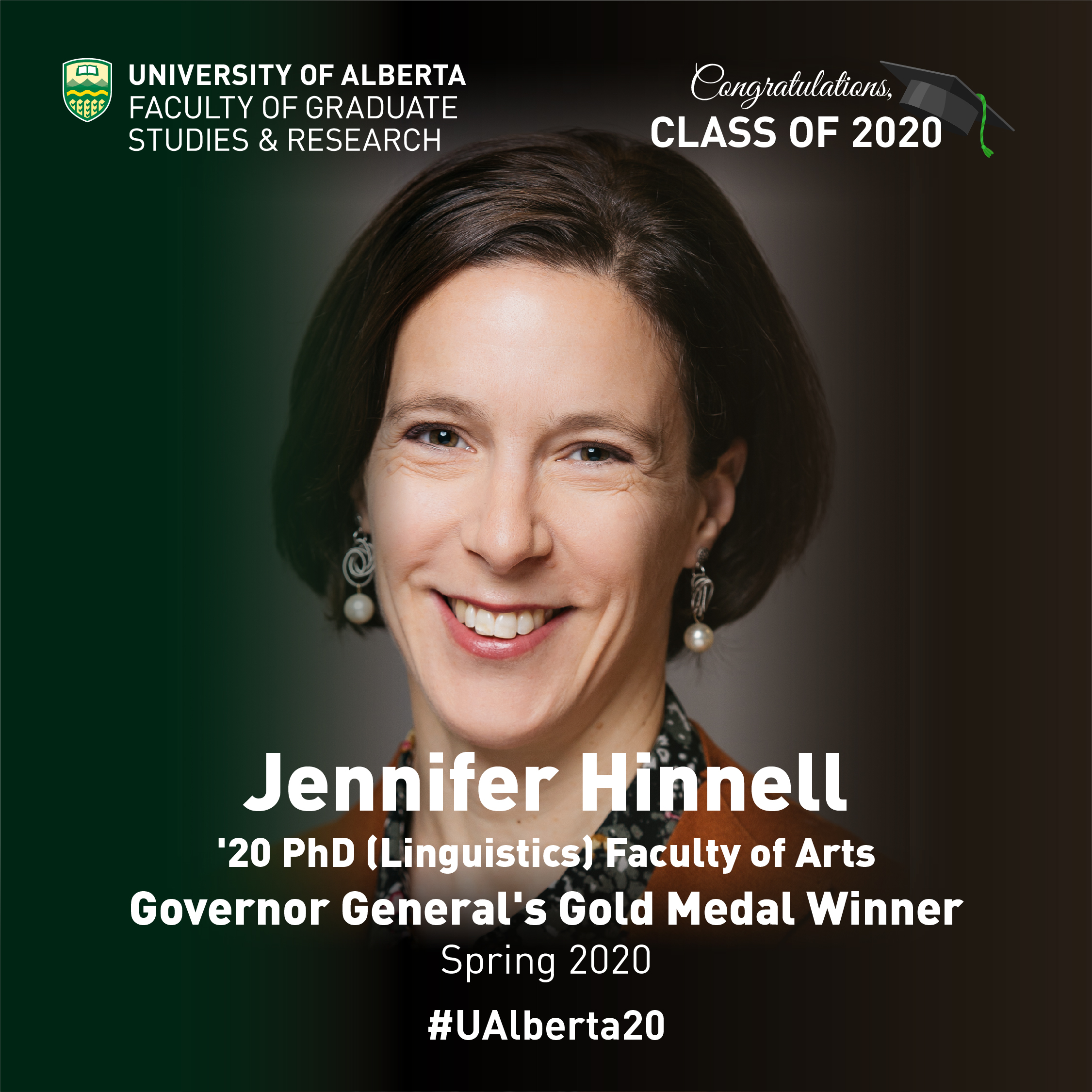 Jennifer Hinnell, '20 PhD (Linguistics), Winner of Governor General's Gold Medal (Photo: Gurveer Chohan | Design: Elaheh Alizadeh Rabiei)