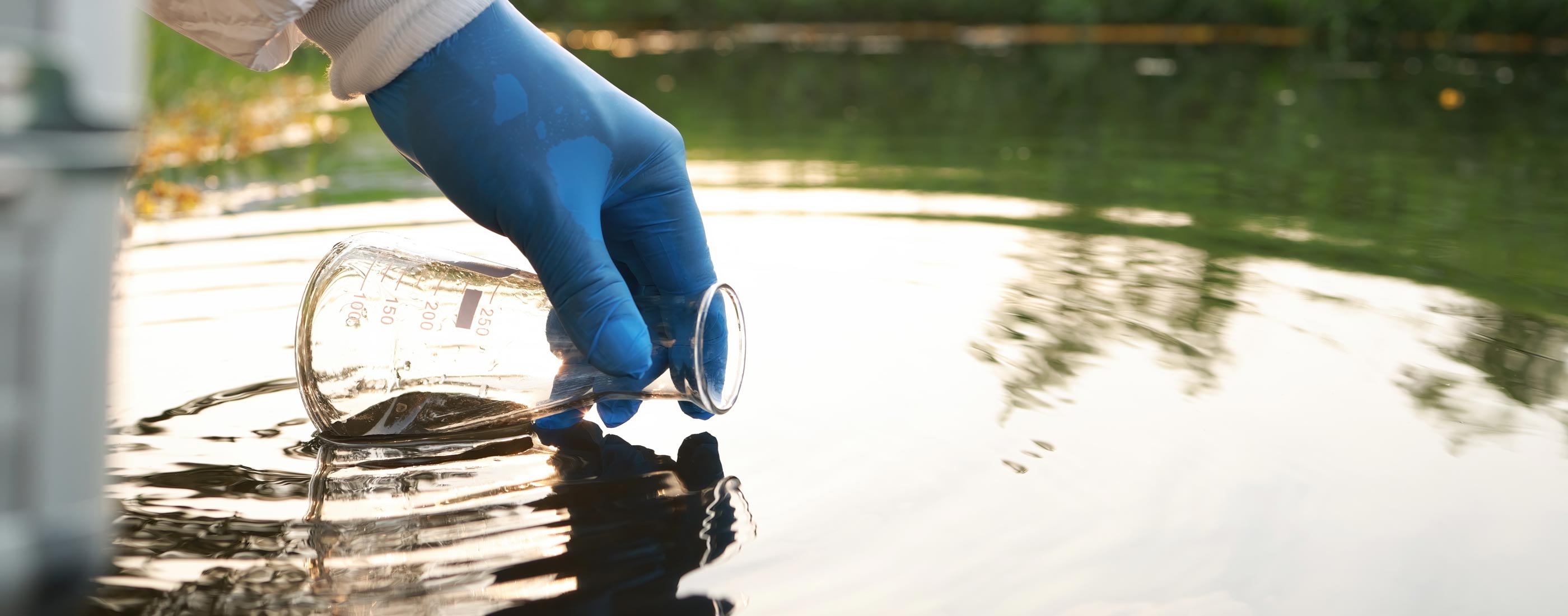 Hand collecting water from a pond into a beaker
