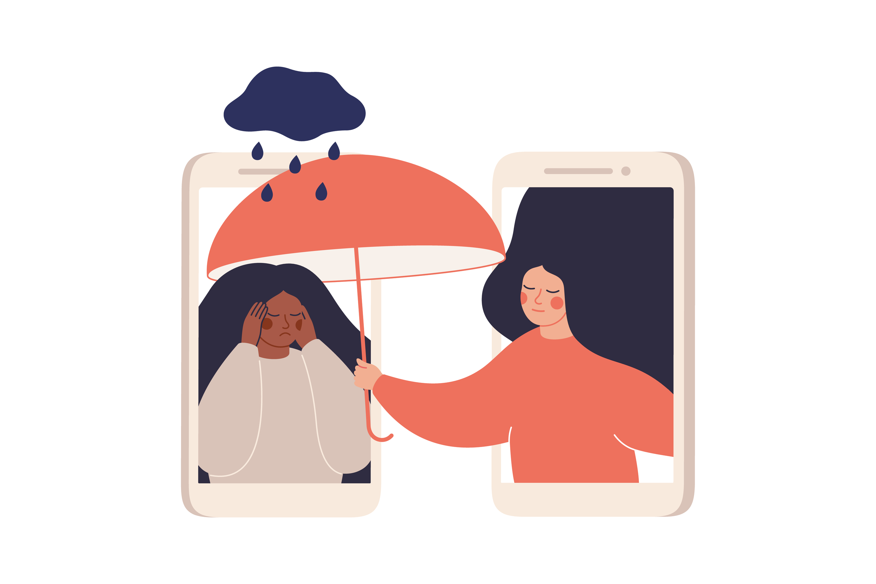 person reaching through cell screen to hold umbrella over another person in another screen