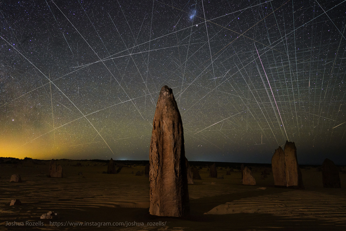 Satellite Trails over Pinnacles. Image Credit: Joshua Rozells