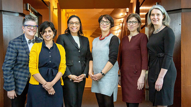 From left to right: Dr. Nat Hurley, Dr. Dia Da Costa, Dr. Ange Marie Hancock-Alfaro, Dr. Susanne Luhmann, Dr. Sarah Dorow, and Dr. Lois Harder. (Photo: Cordell Moore/Arts Unleashed)