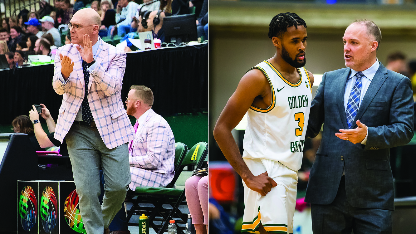 On left, Pandas Basketball Head Coach Scott Edwards clapping and walking along sidelines. On right, Golden Bears Head Coach Barnaby Craddock speaking to player on sideline during a break in play