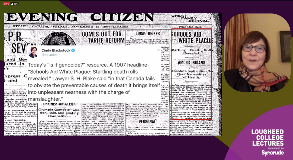 Screenshot from livestream presentation shows Cindy Blackstock speaking to a somber slide with a tweet and a 1907 newsclipping of a Schools Aid White Plague article