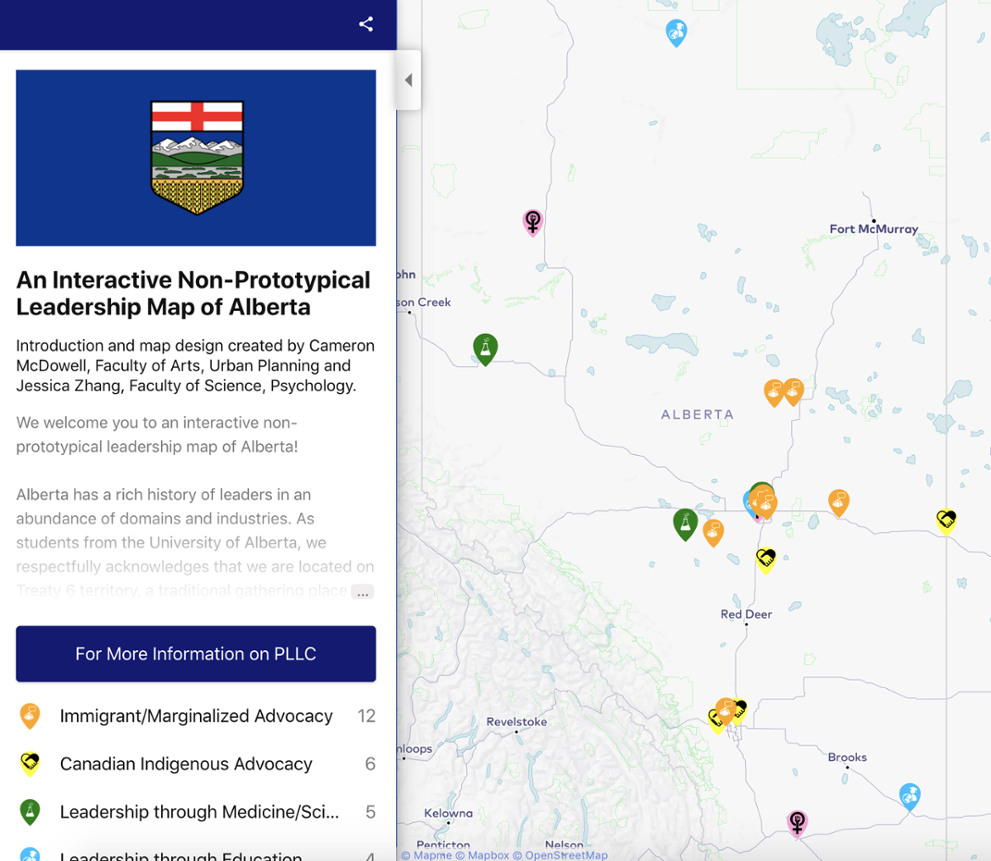 Screenshot of a map of Alberta with checkpoints of various categories