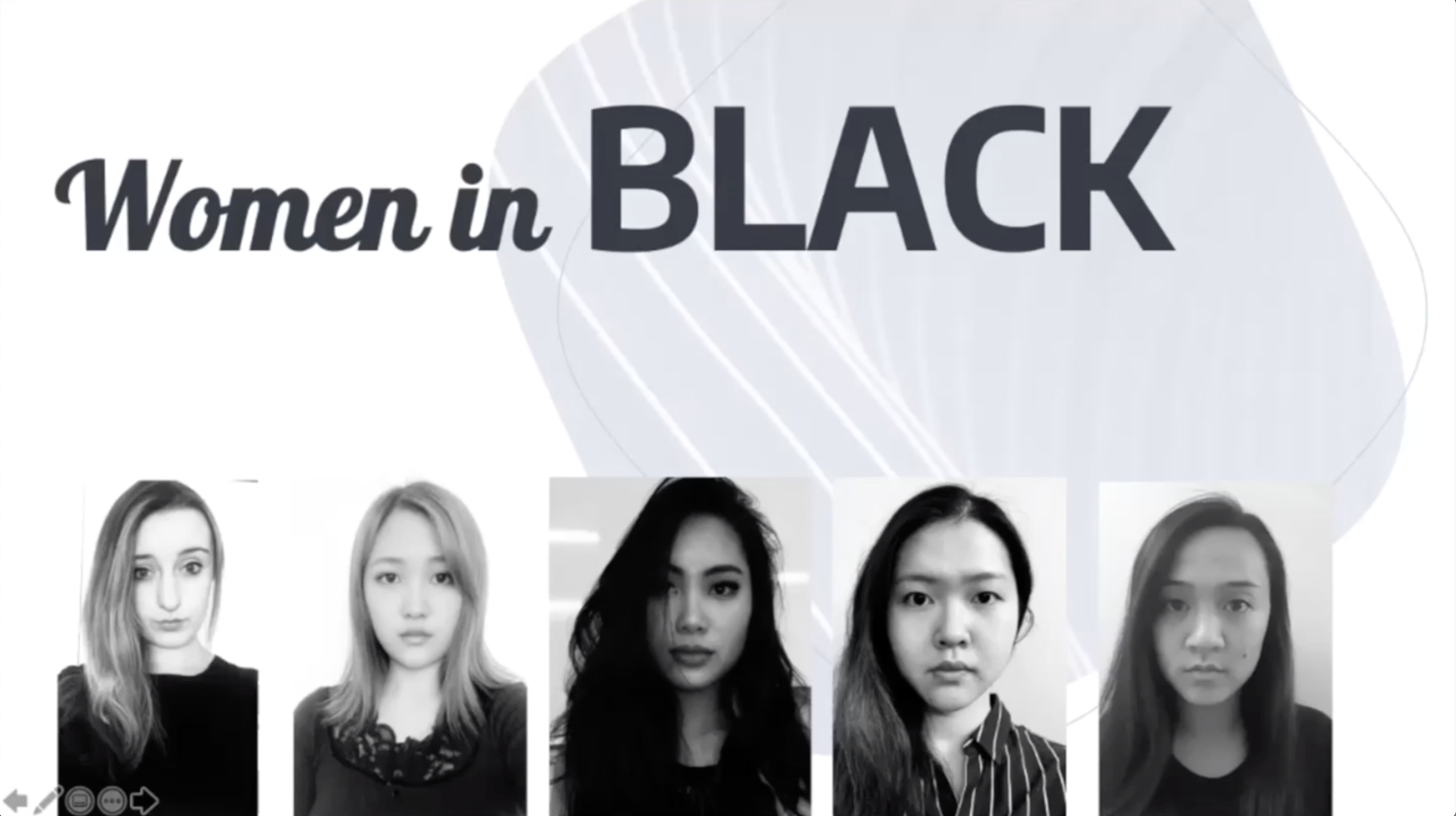 black and white thumbnails of five young women with the title Women in Black