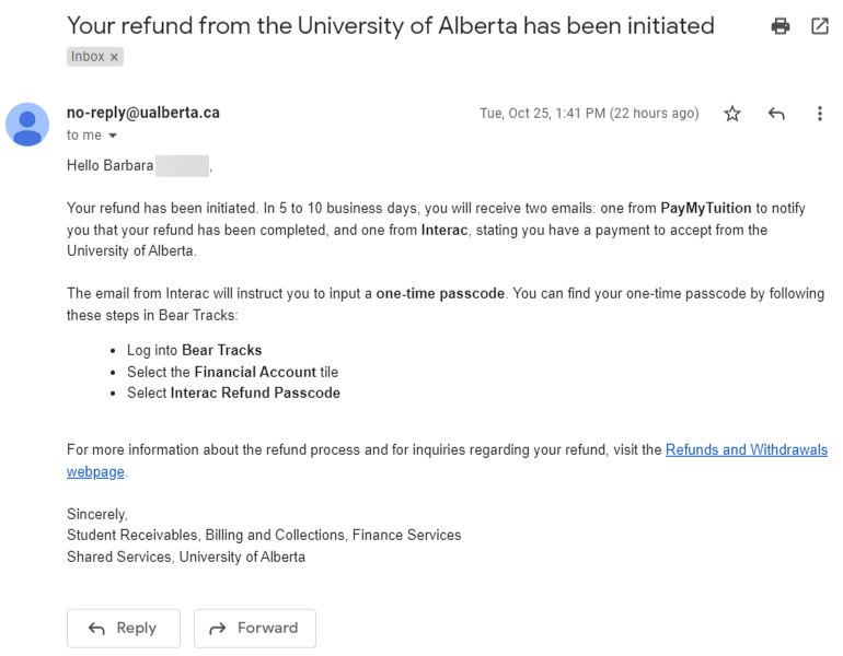 An example of an automated email from U of A indicating that your refund has been initiated 