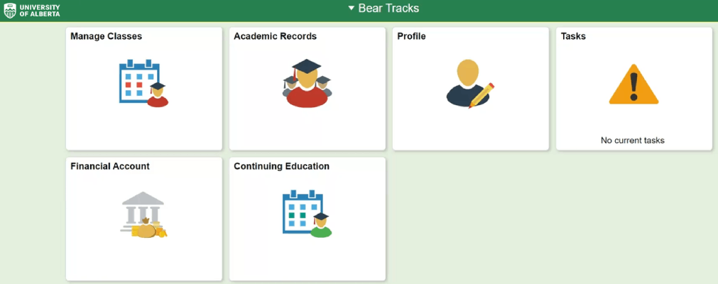 Screenshot of beartracks window with tiles available. The financial account tile is the fifth tile (first tile of the second row).