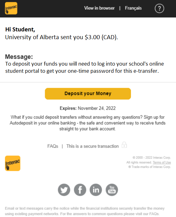 Example of email from Interac with deposit your money link