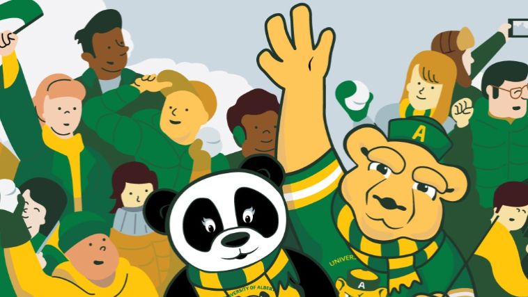 Cartoon illustration of GUBA and Patches, the U of A mascots leading cheering of many athletics fans in green and gold