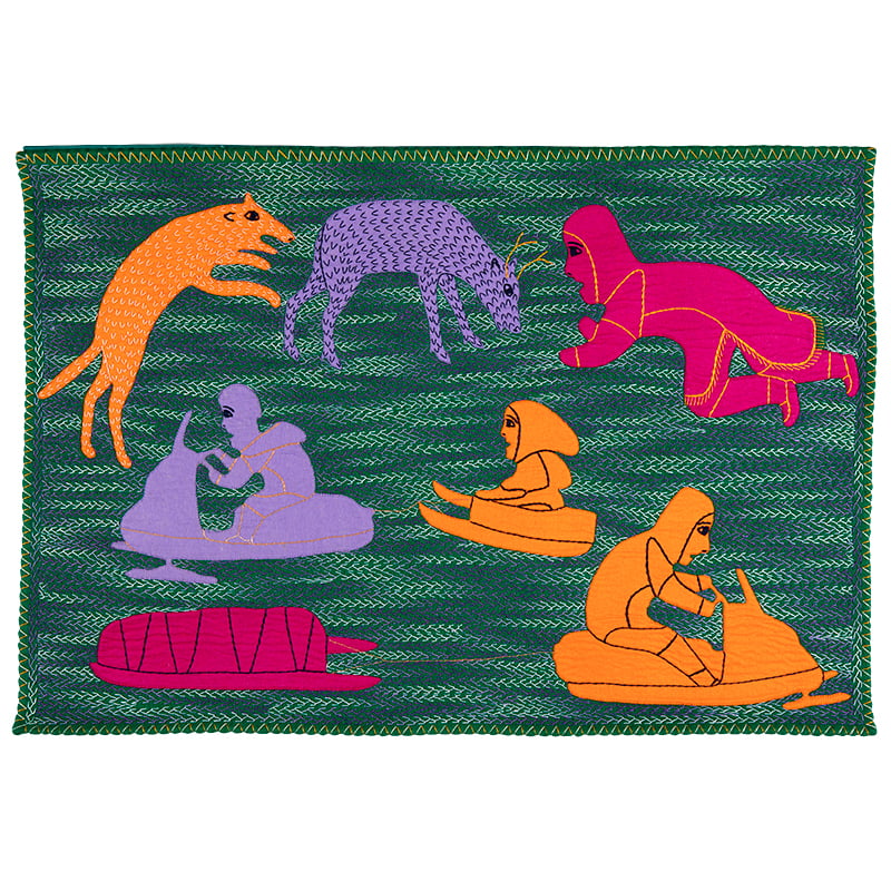 A depiction of hunters travelling across the land embroidered on duffel with felt and thread.