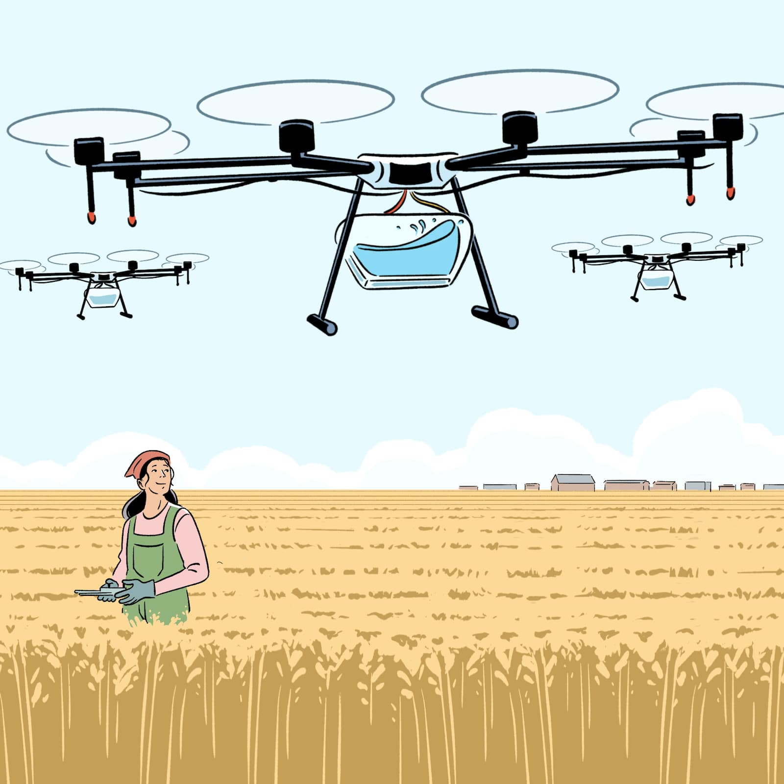 Illustration of a farmer standing in a field and operating drones