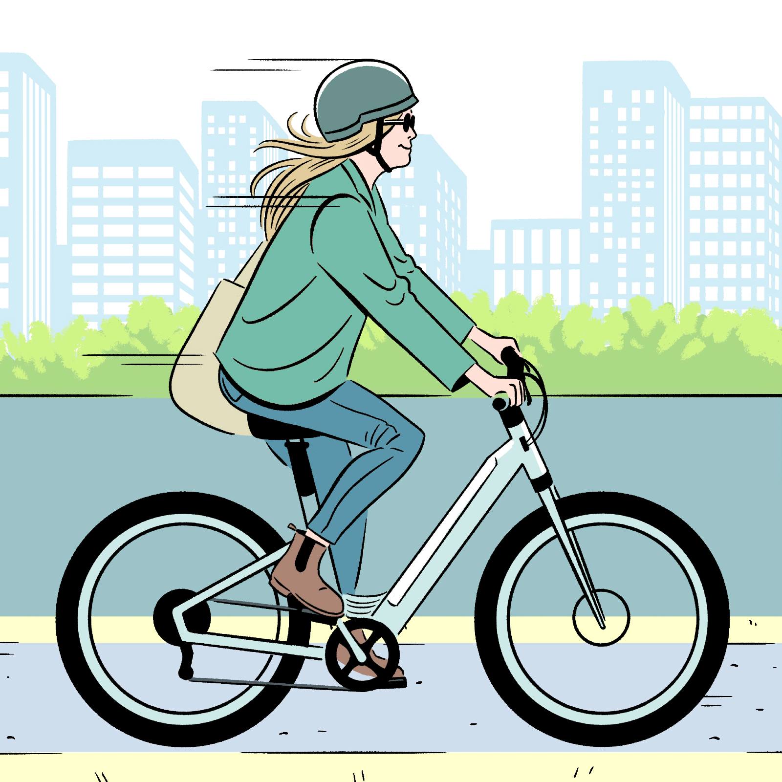 Illustration of a cyclist riding in front of an urban landscape