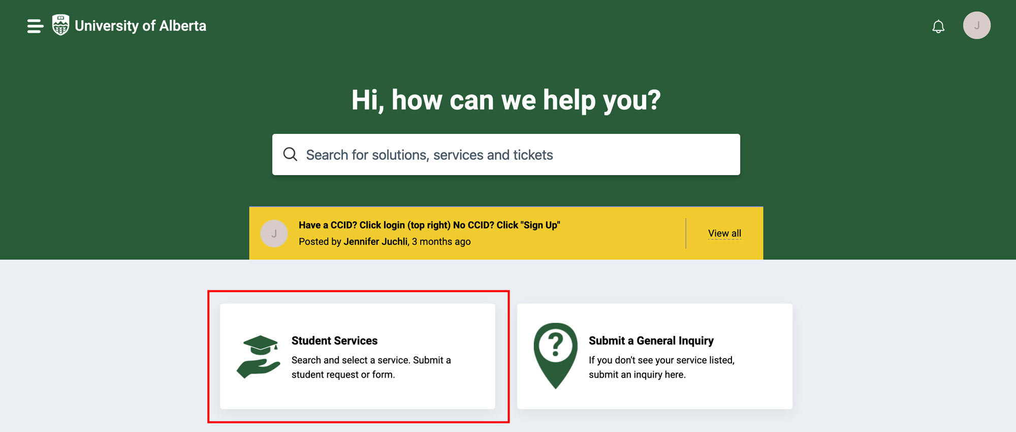 Screenshot of the Freshservice student portal showing the student services option